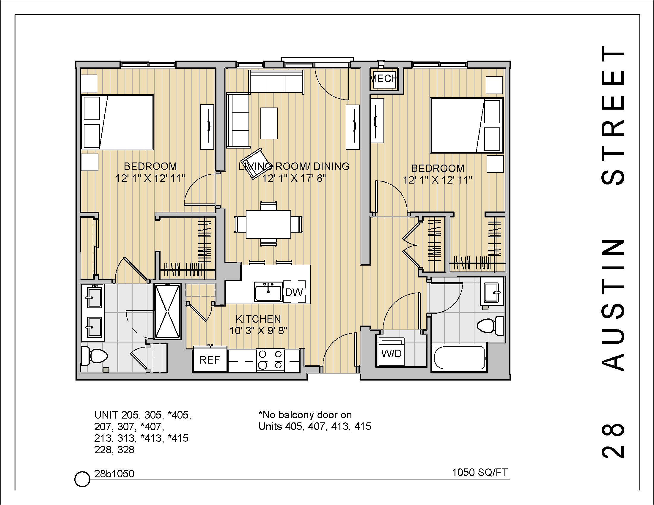 Floor plan for 2 beds, 2 baths, 1050 sqft